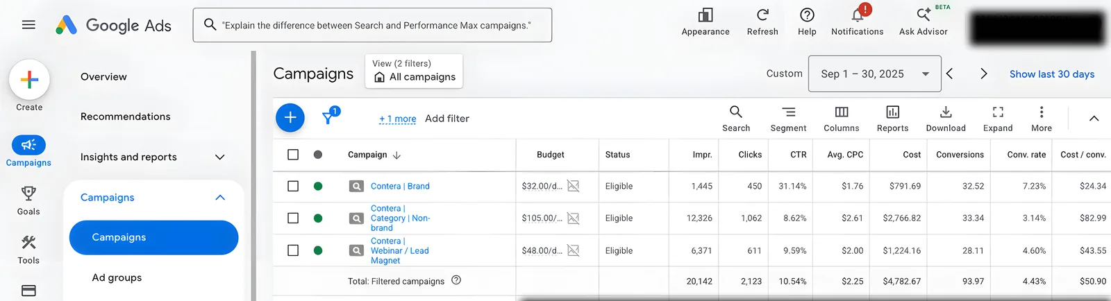 Online course / coaching Google Ads account results