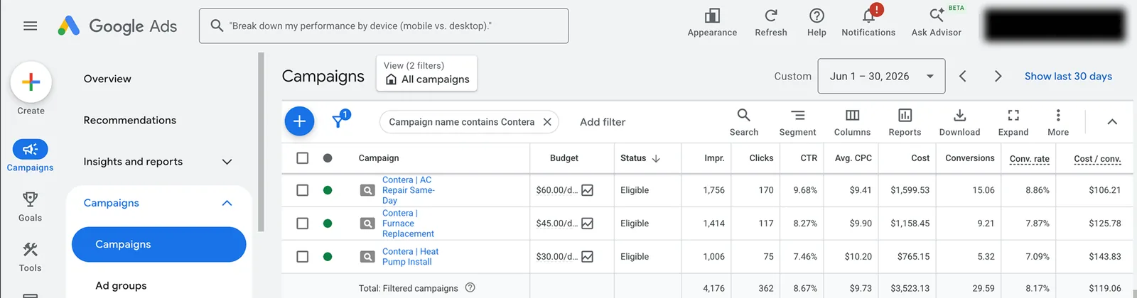 HVAC contractor Google Ads account results